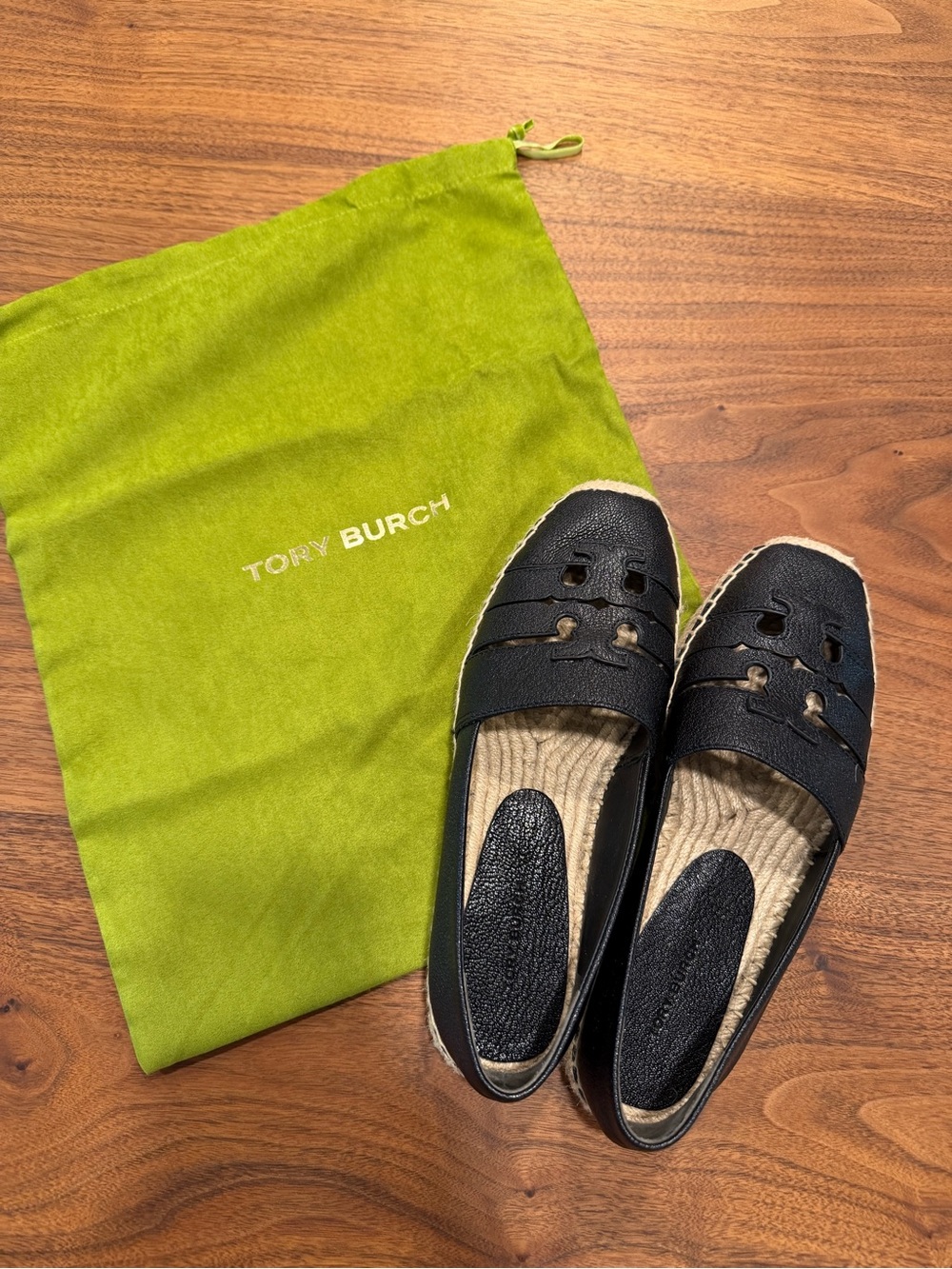 Tory Burch Black Leather Ines Platform Espadrille Loafers with Natural Trim
